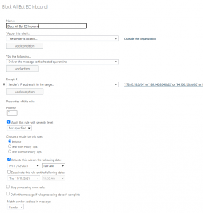 Block all emails except from designated IP address in Office 365