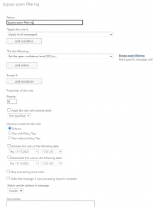 add rule to bypass spam filtering in office 365